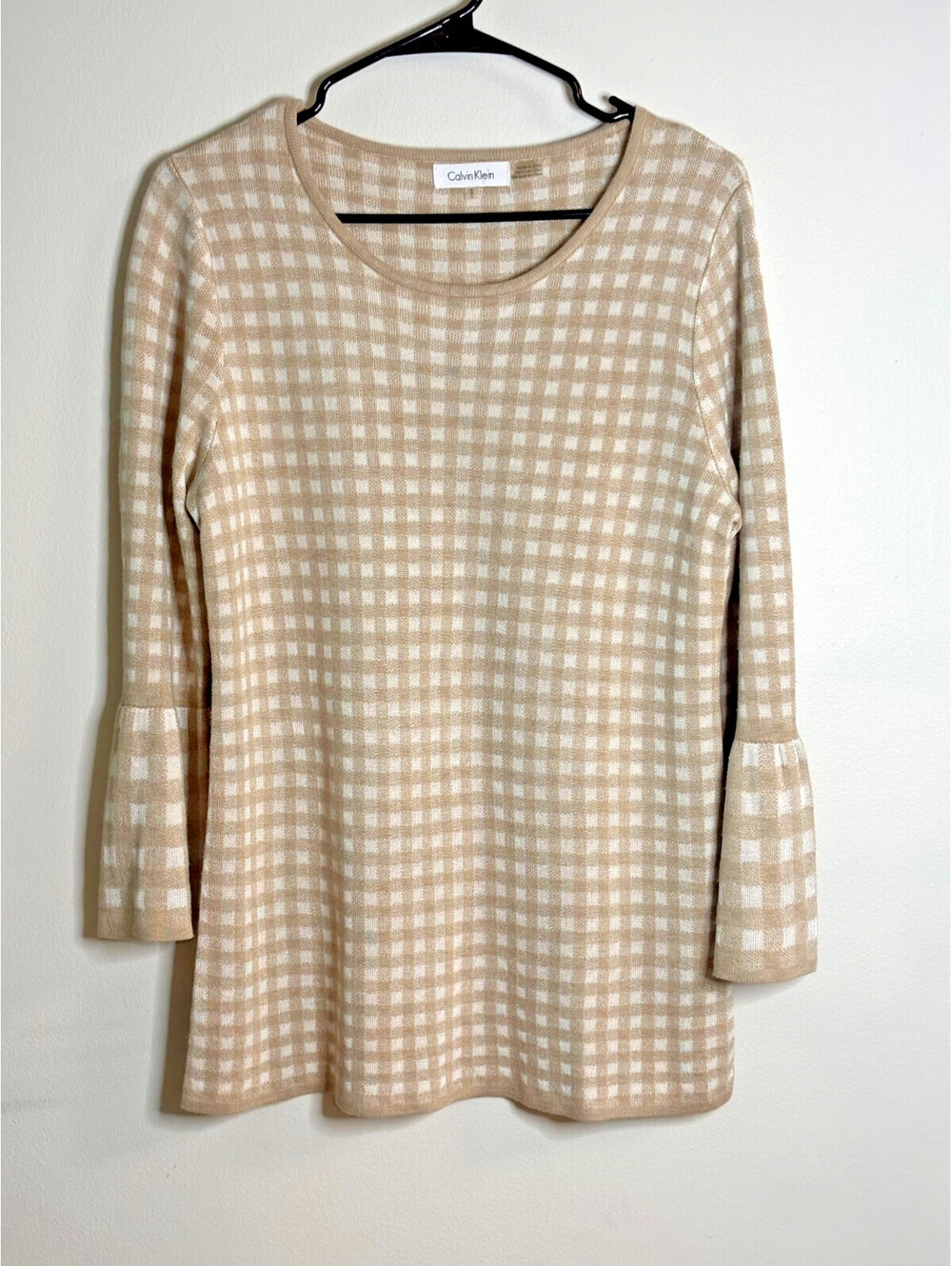 Calvin Klein Tunic Sweater Tan and Ivory Checker Print Size Small